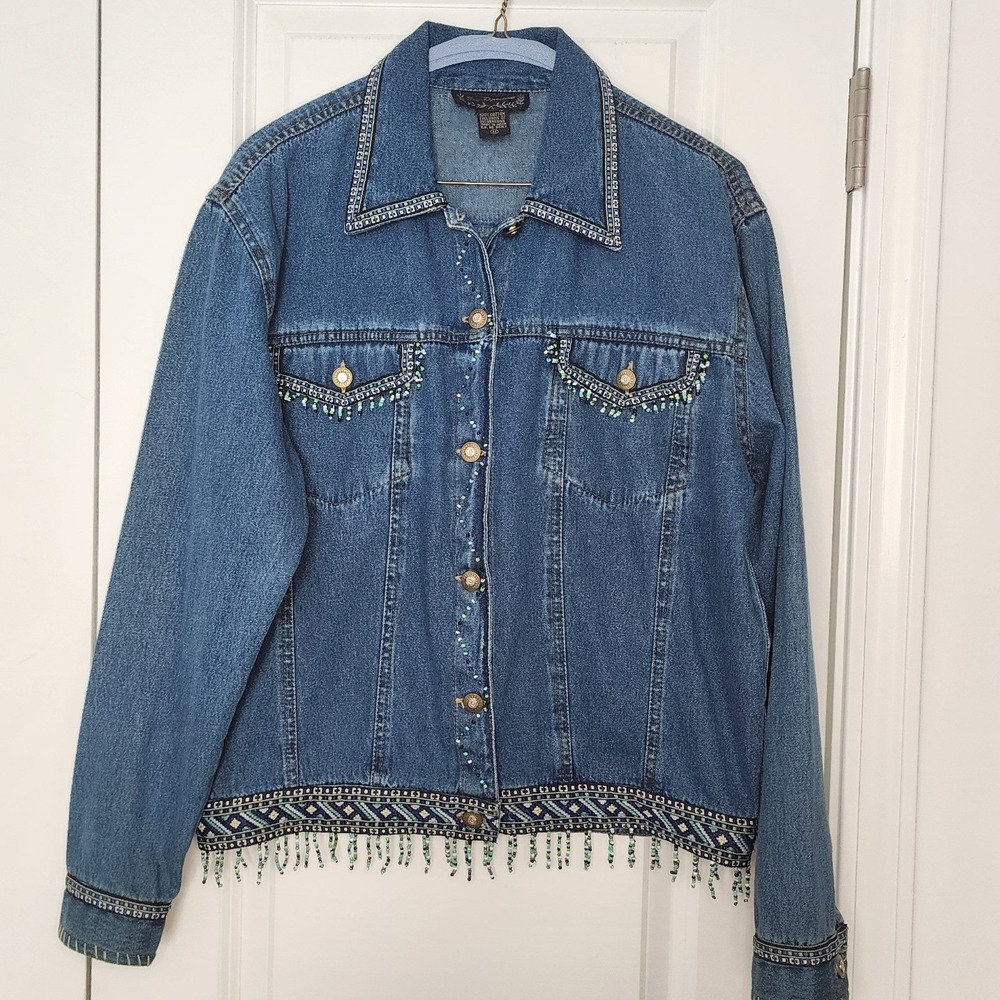New Direction Womens Medium Beaded Fringe Denim Jacket Embroidered Boho Blue